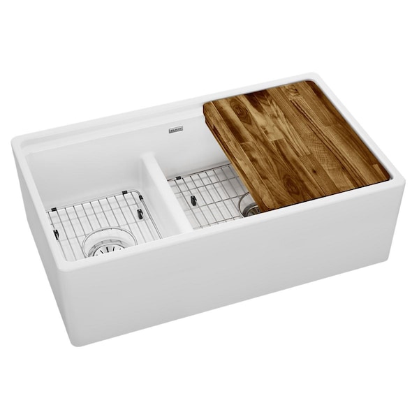 Elkay Fireclay 33X19-15/16X9-3/16 60/40 Double Bowl Farmhouse Workstation Sink Kit W/Aqua Divide, White F23320CBWHC - main
